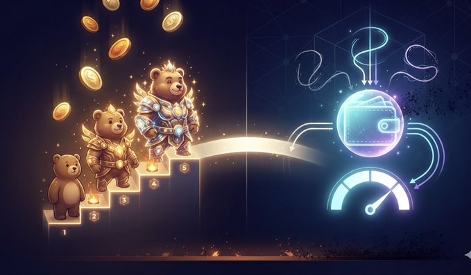 A glowing golden bear progresses up numbered steps (1-4) from a small cub to a fully armored warrior, collecting coins along the way, with an arrow leading to a holographic wallet and speedometer on the right—visually illustrating the progression and value-building concept of PlayOnMint's "MintABear" NFT collection mentioned in the post.