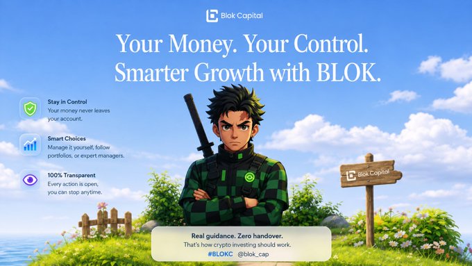 A Blok Capital promotional image featuring an anime-style character in a green checkered haori, with the tagline 'Your Money. Your Control. Smarter Growth with BLOK.' highlighting Stay in Control, Smart Choices, and 100% Transparent features.