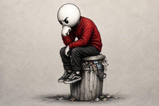 An illustration of a melancholic cartoon figure with a blank round head wearing a red sweater, sitting alone on an overflowing trash can in a contemplative pose.