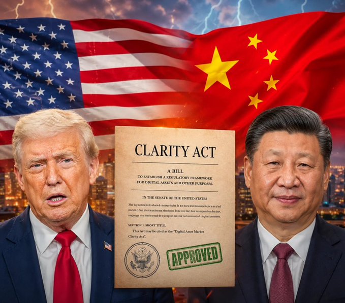 This image depicts former President Trump and Xi Jinping with a "Clarity Act" bill that has been "APPROVED," symbolizing the US stance on digital asset leadership against China. This visual relates to the post by highlighting the potential for regulatory clarity in the US, as mentioned in the text.