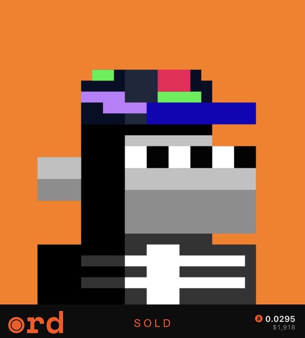 Pixel art style digital artwork on orange background showing a stylized character with colorful hair. Text shows 'SOLD' with '0.0295' and '$1,918'.