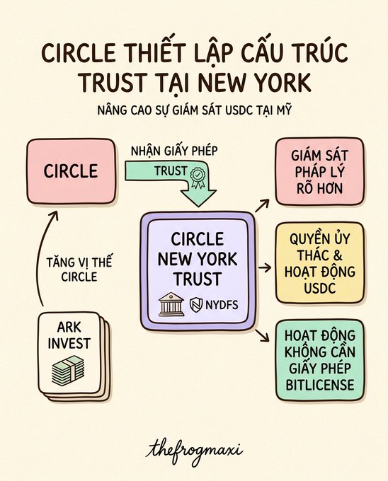 An infographic in Vietnamese titled 'CIRCLE THIẾT LẬP CẦU TRÚC TRUST TẠI NEW YORK' explaining Circle's new trust structure with ARK Invest, signed 'thefrogmaxi'.