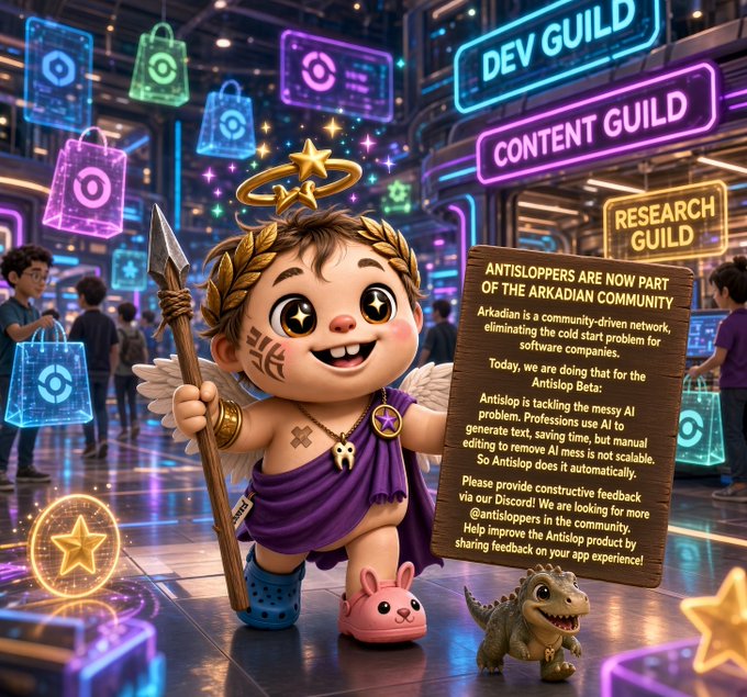 A vibrant digital artwork featuring a cute cherub-like character holding a sign about 'ANTISLOPPERS' being a guild of the Arkadian community, with neon signs labeled 'DEV GUILD', 'CONTENT GUILD', and 'RESEARCH GUILD' in the background.