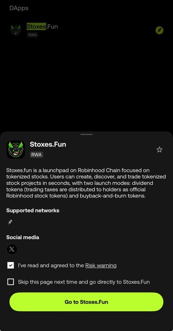 The image shows a DApp page for "Stoxes.Fun," categorized as RWA (Real World Assets), describing it as a launchpad on Robinhood Chain for creating, discovering, and trading tokenized stocks with dividend tokens and buyback-and-burn mechanics, alongside a green "Go to Stoxes.Fun" button. This aligns with the post announcing Stoxes.Fun's integration into a popular crypto wallet.