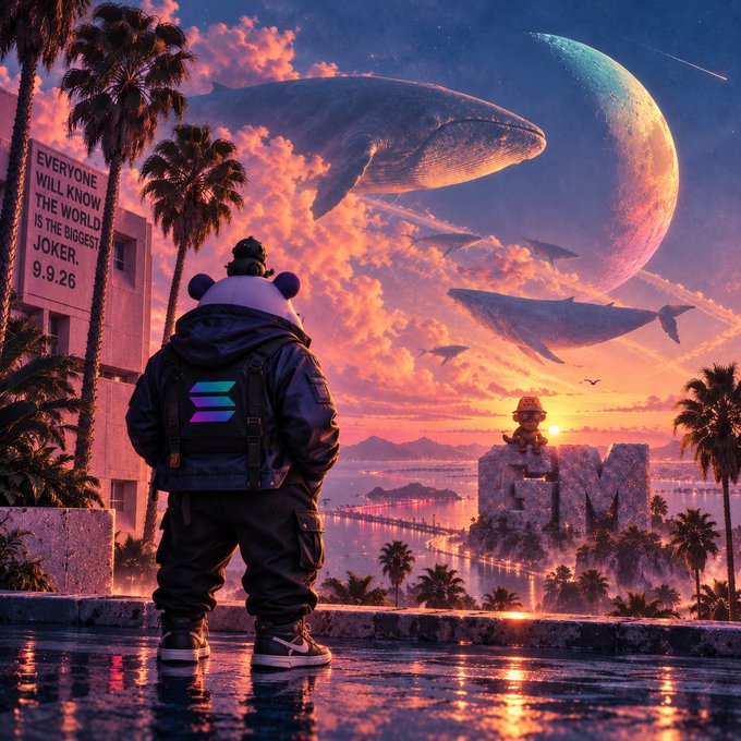 A digital art poster shows a figure in a jacket with a Solana logo on the back, facing a cityscape with large whales flying through a sunset sky; a billboard reads 'EVERYONE WILL KNOW THE WORLD IS THE BIGGEST JOKER. 9.9.26' and the word 'FUN' is visible in the distance.