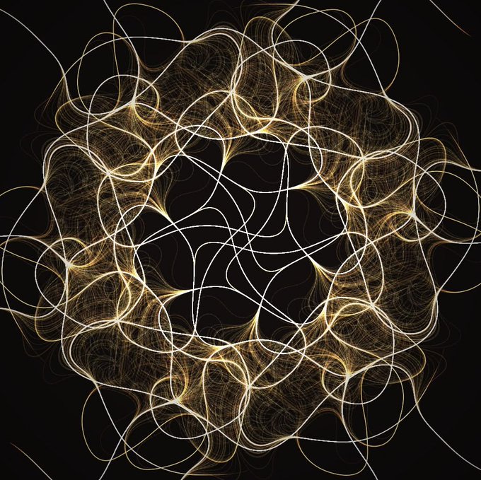 An abstract digital artwork featuring intricate, glowing white and gold intersecting curved lines against a solid black background.