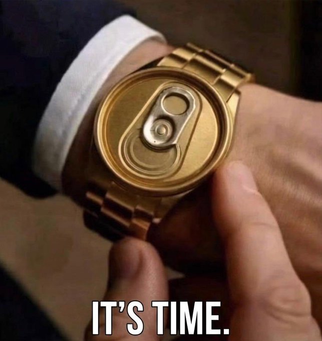 A gold watch is being worn on a wrist with the iconic "IT'S TIME" meme text from He-Man overlaid, symbolizing a decisive moment. This ties into the post announcing the 2% trading fee for Telegram Gifts, framed as the "market consensus" moment the platform has reached.