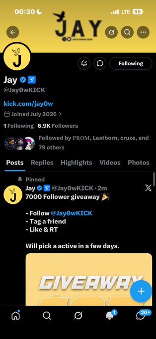 A mobile screenshot of an X (formerly Twitter) profile for 'Jay' (@JayOwKICK) announcing a '7000 Follower giveaway' pinned to the profile.