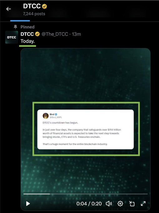 A pinned tweet from @The_DTCC (7,244 posts) shared 13 minutes ago featuring a 20-second video about DTCC's tokenization initiative, highlighting a quote from @Brol_XRP stating that DTCC's countdown has begun and the company that safeguards over $114 trillion in financial assets is expected to bring stocks, ETFs and U.S. Treasuries onto the blockchain—a milestone moment for the industry, tying into Bird's recognition in the official DTCC launch video covering the firm's $4.7 quadrillion annual securities transaction processing.