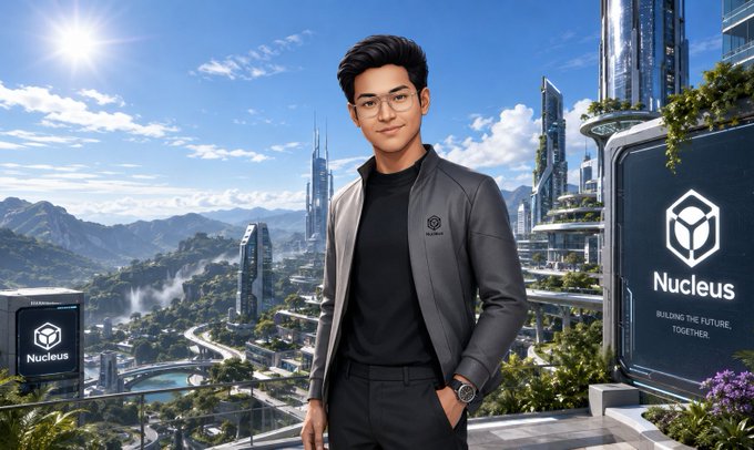 A man in glasses and a gray jacket stands in a futuristic cityscape with 'Nucleus' logos and a billboard reading 'BUILDING THE FUTURE, TOGETHER.'