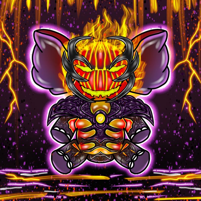 A vibrant digital illustration depicts a fierce, armored creature or mech with large bat-like wings, glowing red eyes, and flames erupting from its head, set against a background of lightning bolts and falling embers.