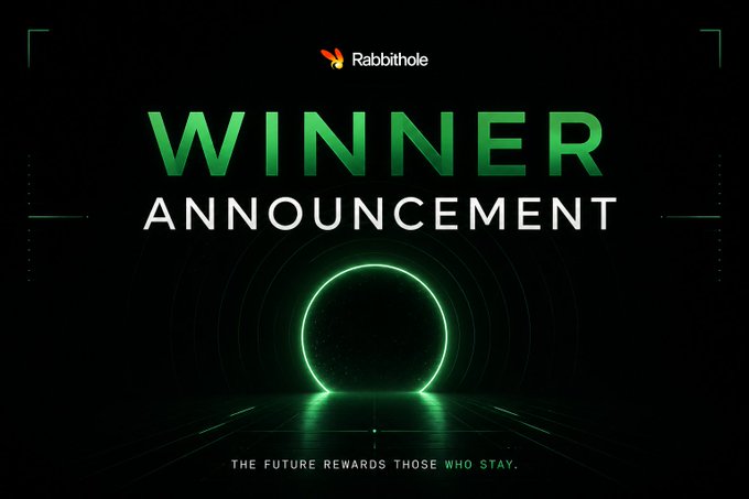 A promotional "Winner Announcement" graphic from Rabbithole features a glowing green circular portal against a dark background, with the tagline "The future rewards those who stay." The image complements the post's message that rewards have been processed and recipients should check their wallets.