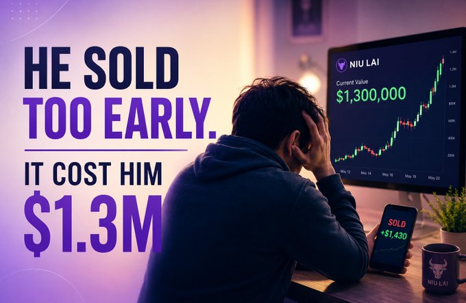 A promotional image shows a distressed man staring at a monitor displaying a rising stock chart for 'NIU LAI' with a current value of '$1,300,000', alongside bold text stating 'HE SOLD TOO EARLY. IT COST HIM $1.3M'.