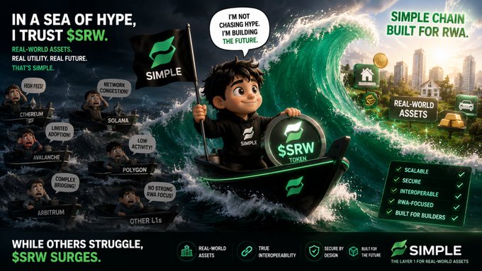 An advertisement graphic promotes '$SRW' token by SIMPLE, with slogans 'IN A SEA OF HYPE, I TRUST $SRW' and 'SIMPLE CHAIN BUILT FOR RWA,' contrasting other chains like Avalanche, Polygon, and Arbitrum.