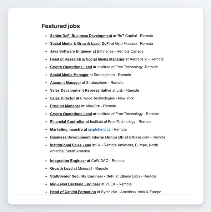 A list titled "Featured jobs" highlighting 21 crypto and DeFi-related positions, including a Senior DeFi Business Development role at Re7 Capital, Crypto Operations Lead at the Institute of Free Technology, and Head of Capital Formation at Symbiotic. The image complements the post by showcasing featured crypto job opportunities alongside specific company hiring details from Wintermute (14 postings) and Ethena (6 roles including Staff/Senior Security Engineer DeFi).