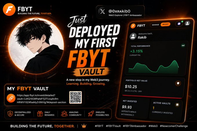 Promotional graphic for FBYT featuring anime character 'Rakib' (@0xrakib0), announcing deployment of a first FBYT Vault with portfolio net value of $10.25 and total performance of +3.15%.