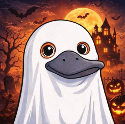 A cartoon illustration of a cute duck dressed as a ghost against a Halloween background featuring a full moon, haunted castle, bats, and jack-o'-lanterns.