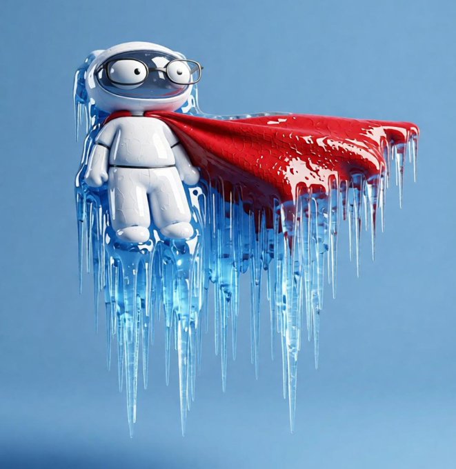 A 3D render of a small, white, cartoonish figure with glasses and a red cape, appearing to melt into blue icicles against a solid light blue background.
