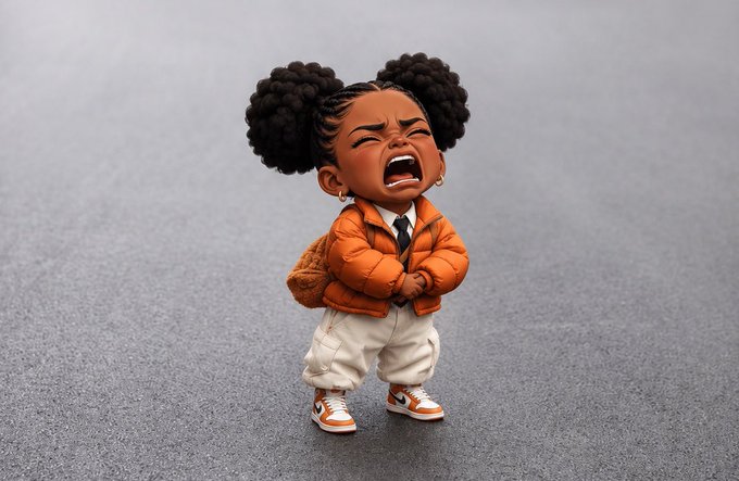 A 3D-rendered cartoon-style illustration of a young Black girl with two large afro puffs, crying with her eyes scrunched shut, wearing an orange puffer jacket, white pants, and a tie.