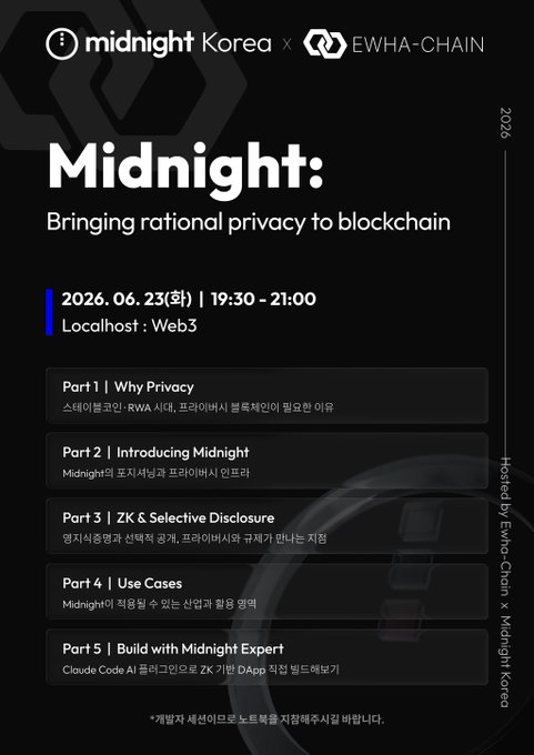 The image features a poster for an event called "Midnight: Bringing Rational Privacy to Blockchain" that takes place at Ewha University in Seoul, South Korea from 6-23rd June 2026 (19:30). The poster also includes information about the event and its location.