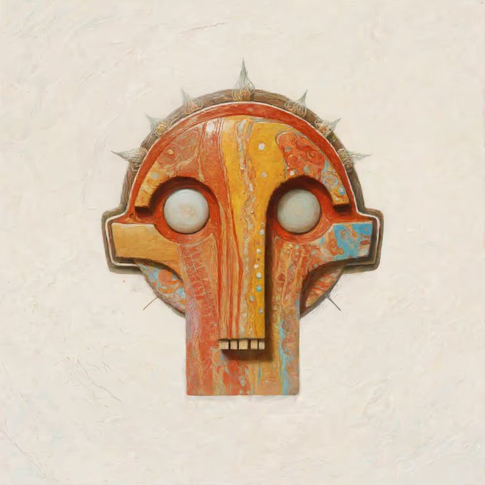 A textured ceramic wall sculpture depicting a stylized tribal mask with large round eyes, painted in warm orange, red, and turquoise tones, mounted on a white wall.