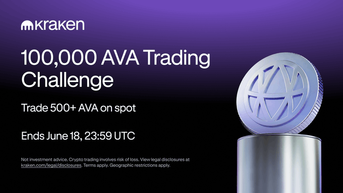 The image shows a purple background with information about an AVA trading challenge. The text on the image states that there's still time to trade AVA on spot for a reward pool of $AVA, and mentions that the top 1,000 traders will also receive a $100 @travalacom discount voucher if they participate in this challenge.