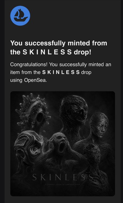 The image announces, “You successfully minted from the S K I N L E S S drop,” and shows a dark artwork of grotesque figures. It confirms a successful OpenSea mint, supporting the accompanying post promoting the Skinless collection on Robinhood Crypto.