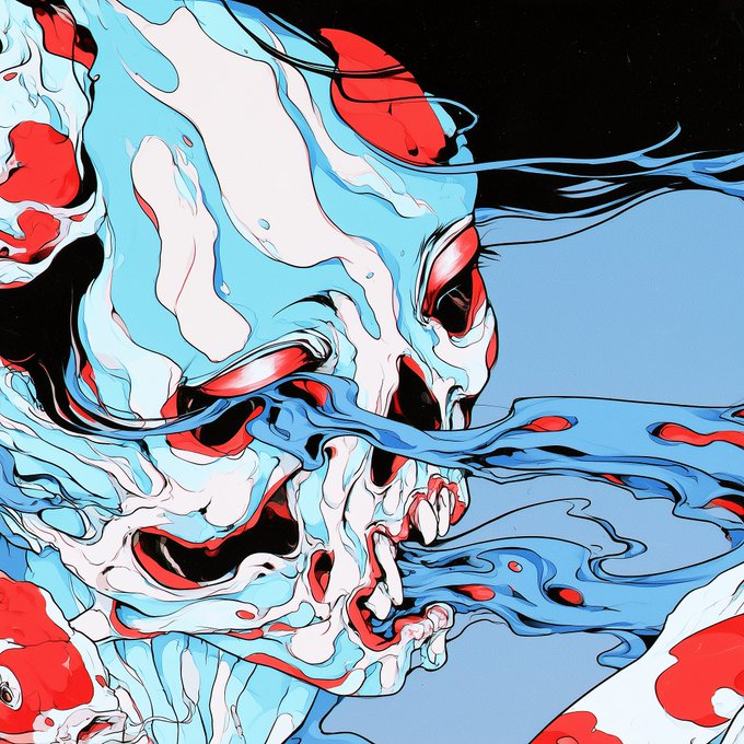 A stylized illustration of a melting or distorted face in blue, red, white, and black colors.