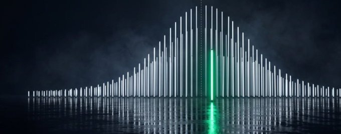 A digital audio waveform visualization with a single green bar highlighted among white bars, symbolizing the analytical measurement of an agent's performance through AgenticsCredit's ACS scoring system, which uses data-driven metrics rather than identity-based reputation.