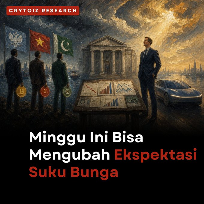 A CRYTOIZ RESEARCH graphic with Indonesian text 'Minggu Ini Bisa Mengubah Ekspektasi Suku Bunga' (This Week Could Change Interest Rate Expectations), depicting men holding flags and cryptocurrency coins in front of a classical building with financial charts and a sports car.