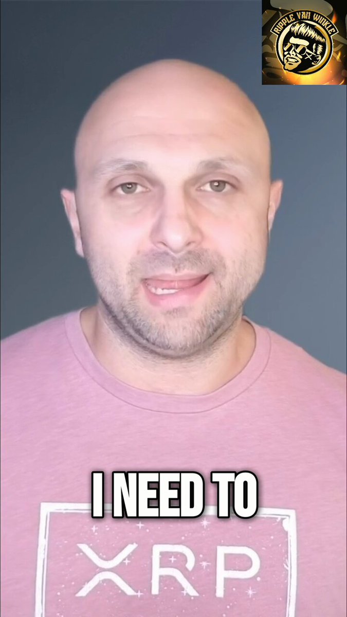 The image features a man with a bald head wearing a pink shirt and has a caption below his photo stating "I need to XRP". The caption also includes information about Bitcoin, which is related to the Bitcoin mining process. This suggests that the man might be discussing or promoting Bitcoin as an alternative to traditional currency.
