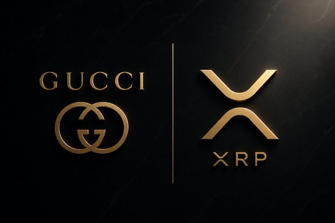 The image shows the gold Gucci logo alongside the gold XRP logo on a black marble background, visually representing the luxury brand's acceptance of the XRP cryptocurrency. It illustrates the post's message about mainstream crypto adoption through high-end retail.