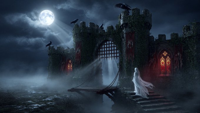 Dark fantasy illustration of a white-robed figure ascending stone steps toward a ruined castle gate under a cloudy night sky illuminated by a full moon.