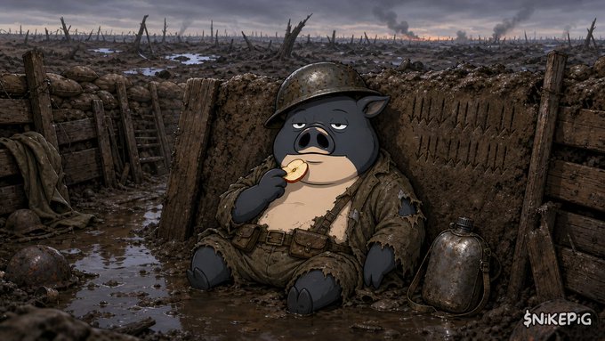 The image features a cartoon depiction of a pig sitting in mud, wearing a helmet and holding an apple in its mouth. The background shows a muddy field with several other pigs also sitting around. In the bottom right corner of the image, there is text that reads "Nike has now successfully called the last 48 of 0 bottoms He' s still here Still cooking up a storm He' s a good pig". This suggests that the image might be related to Nike's advertisement campaign or promotion for their products.