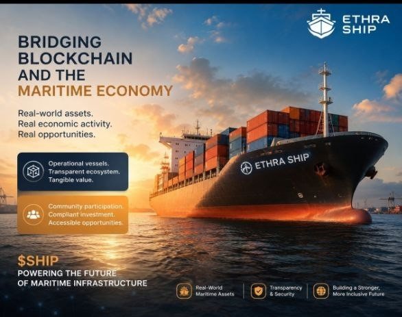 An Ethra Ship promotional graphic titled 'Bridging Blockchain and the Maritime Economy' featuring a large cargo ship at sunset with text about $SHIP powering maritime infrastructure.
