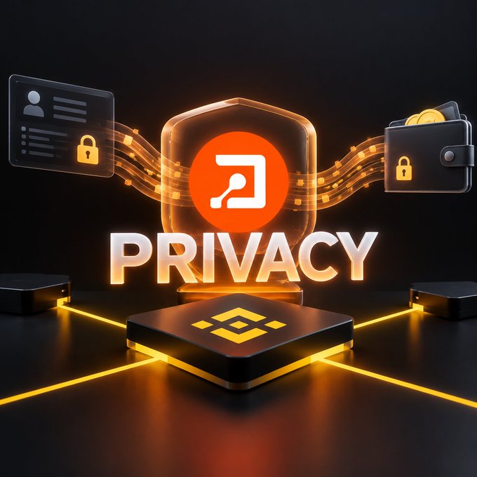 A digital illustration prominently features the word “PRIVACY” beneath a shield-like logo, with a profile card, a wallet, glowing data lines, and a Binance-style symbol.