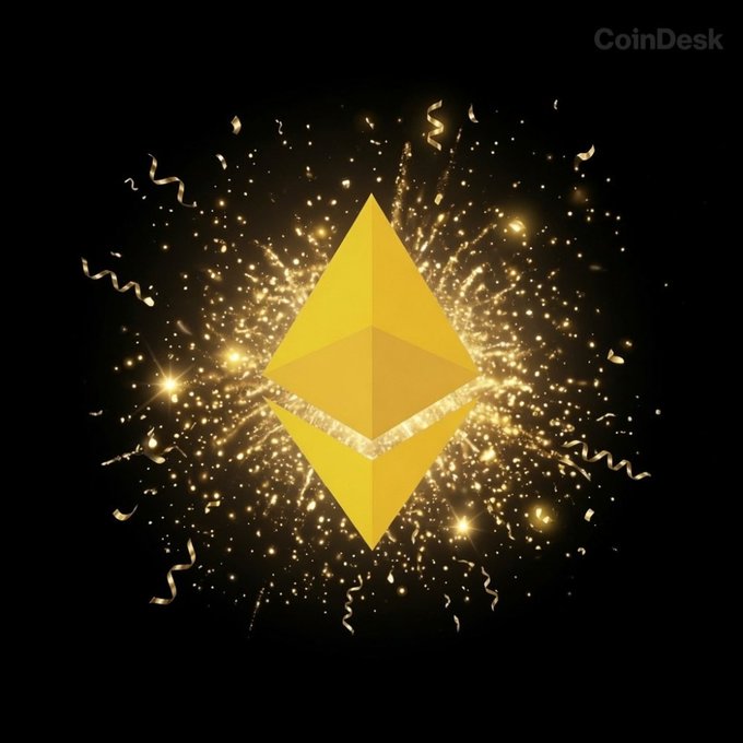 A golden Ethereum logo bursting with golden sparks and confetti against a black background, with 'CoinDesk' in the top right corner.