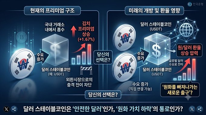 A Korean-language infographic comparing Kimchi Premium and USDT market dynamics. Korean text discusses premium structures, rising premiums (+1.67%), exchange supply/demand, and whether USDT is a 'safe shed' or a 'pump and dump' coin. Korean stablecoin (USDT) and Bitcoin (B) icons are visible.
