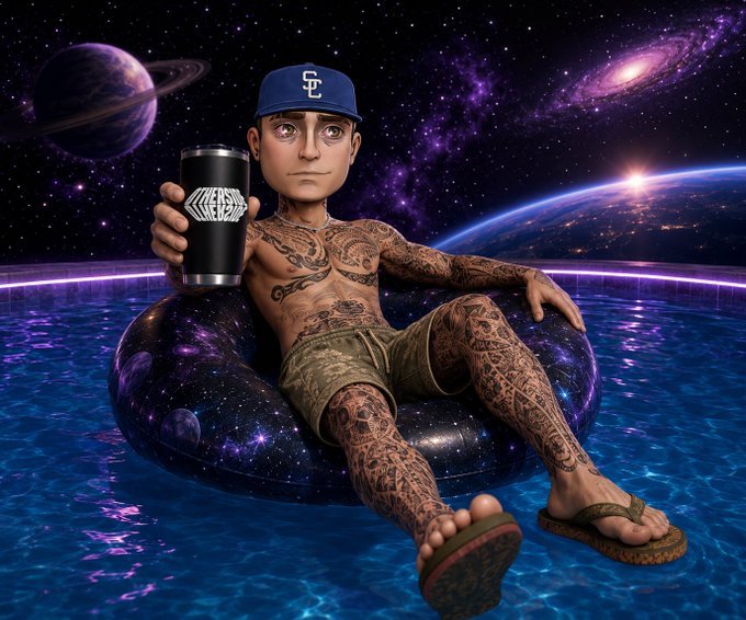A digitally rendered caricature of a man wearing a blue cap, sitting in a cosmic-themed inner tube floating on a pool, holding a tumbler that reads 'AMERICAN COFFEE CLUB'.