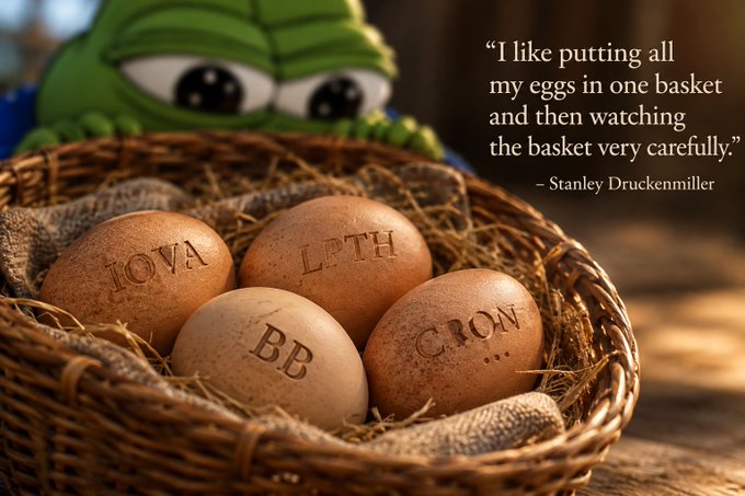 A wicker basket filled with straw holds four eggs labeled "BB," "CRON," "IOVA," and "LPTH," guarded by a wide-eyed green Pepe the Frog character, alongside Stanley Druckenmiller's quote about putting all eggs in one basket. The image visually represents the post's thesis of concentrated bets on these four tickers, with the watchful Pepe overlooking the "carefully watched basket" of speculative positions.