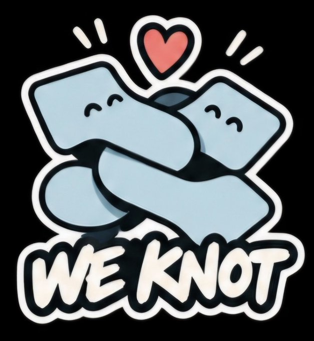 A cute cartoon graphic shows two light blue rope-like figures embracing with happy faces and a pink heart above them, paired with the bold white text "WE KNOT" — playfully tying into the $KNOTS meme token narrative referenced in the post.
