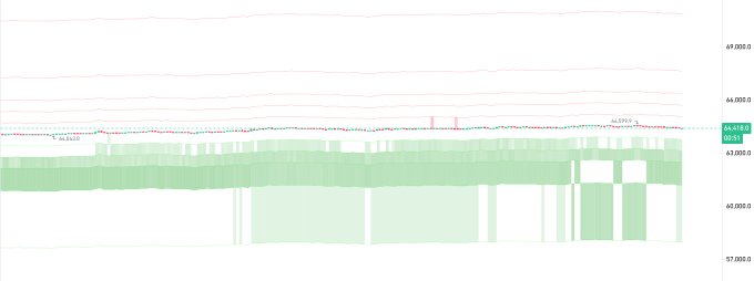The image shows a Bitcoin ($BTC) price chart hovering around $60,000, with a large green volume profile indicating heavy buy-side activity and a notable absence of sell orders at the $63,557 level. This visual evidence supports the post's claim that whale buy orders are dominating, with minimal selling pressure visible on the order book.