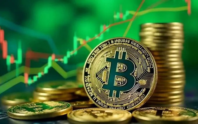 A golden Bitcoin coin stands upright against a backdrop of stacked gold coins and a green candlestick chart showing market fluctuations.