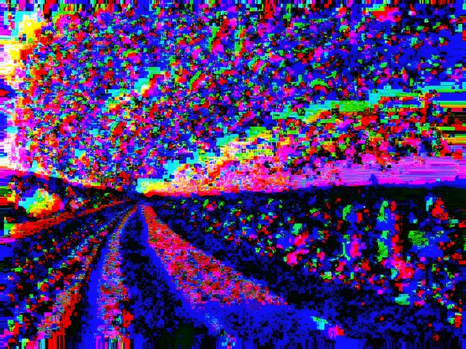 A heavily glitched, psychedelic landscape with neon colors and digital artifacts depicting a path through trees.