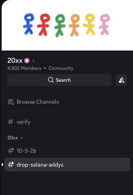 A Discord server interface for "20xx" community with 4,802 members, displaying channels including #verify and #drop-solana-addys, likely where users paste their Solana addresses to participate in the airdrop mentioned in the post.