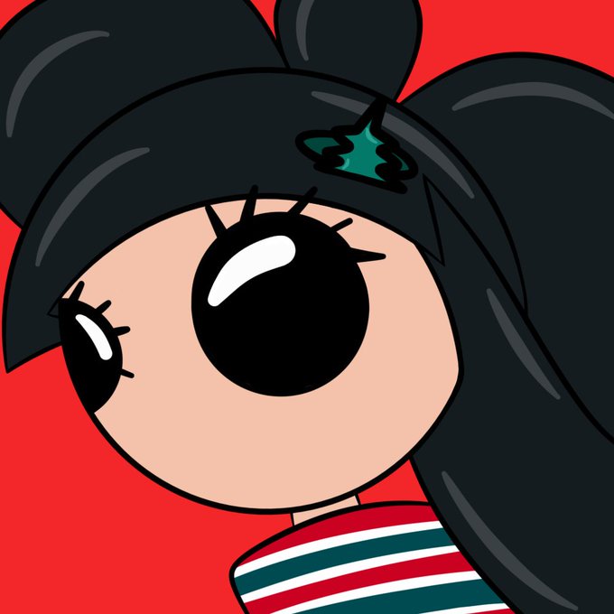 A cartoon illustration of a character with large black eyes, black pigtails tied with a green bow, and a red-and-white striped top against a solid red background.