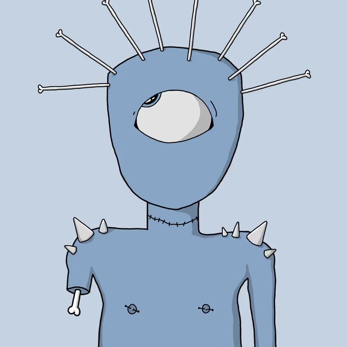 A cartoon illustration of a blue, one-eyed monster character with bone spikes protruding from its head and shoulders, cross-bar stitching on its neck, and a stitched scar on its torso against a light blue background.