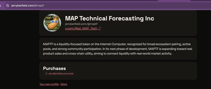 A webpage showing 'MAP Technical Forecasting Inc' at jerrybanfield.com/@maptf with description of MAPTF as a liquidity-focused token on the Internet Computer.