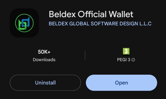 An app store listing for 'Beldex Official Wallet' by BELDEX GLOBAL SOFTWARE DESIGN L.L.C., showing 50K+ downloads and a PEGI 3 rating.