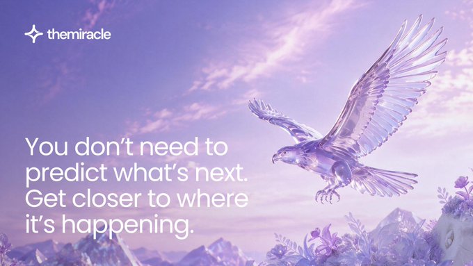 A promotional graphic for 'themiracle' features a translucent purple dove and the text 'You don't need to predict what's next. Get closer to where it's happening.'